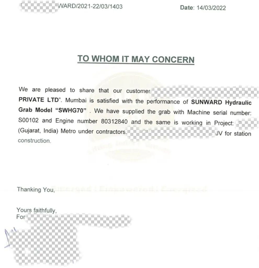 感谢信!米兰网址智能SWHG70液压抓斗助力海外基础施工获肯定